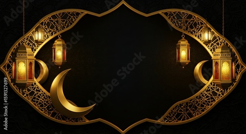 Golden Ramadan Lanterns and Crescent Moon Illustration for Festive Backgrounds and Greetings