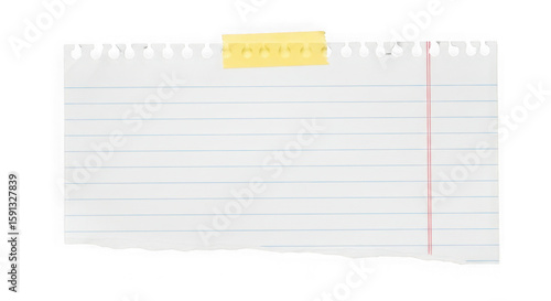 Torn lined notebook paper with yellow tape isolated on transparent background