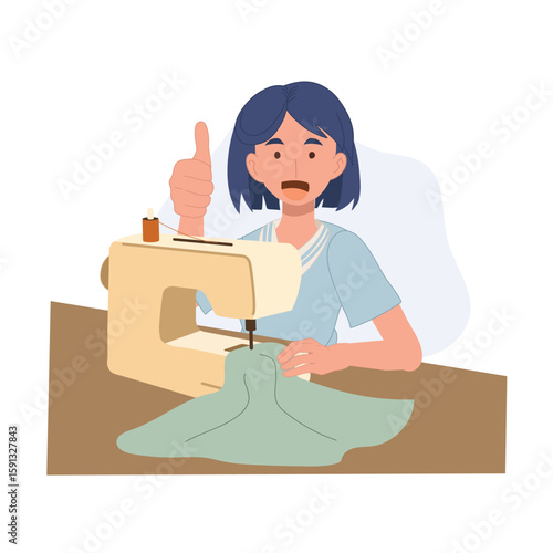 a cheerful, joyful woman sewing with a sewing machine while giving a thumbs-up