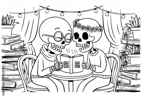 Two skeletons reading books together in a cozy setting