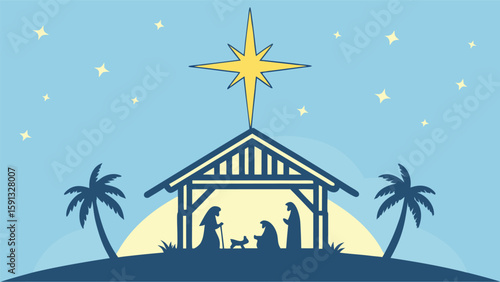 Serene Nativity Scene Silhouette:  Peaceful pastel palette, stylized manger, Holy Family figures, bright star, tropical palm trees, minimalist Christmas card design, festive holiday illustration.