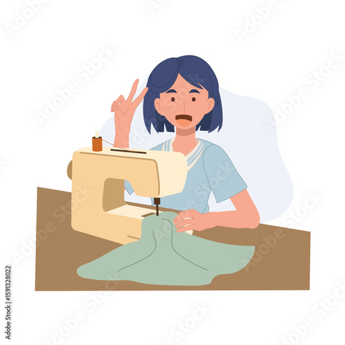 A young woman sewing fabric on a sewing machine in a flat cartoon illustration