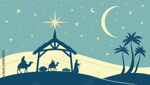 Serene Vintage Nativity Scene: Wise Men Silhouette, Star of Bethlehem, Crescent Moon, Palm Trees, Peaceful Night Sky, Retro Christmas Card Design, Holiday Illustration.