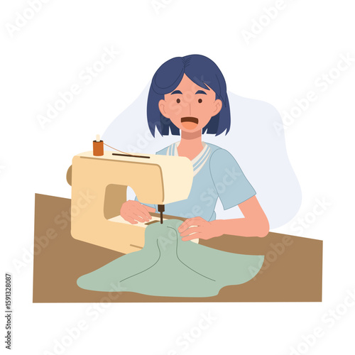 A young woman sewing fabric on a sewing machine in a flat cartoon illustration