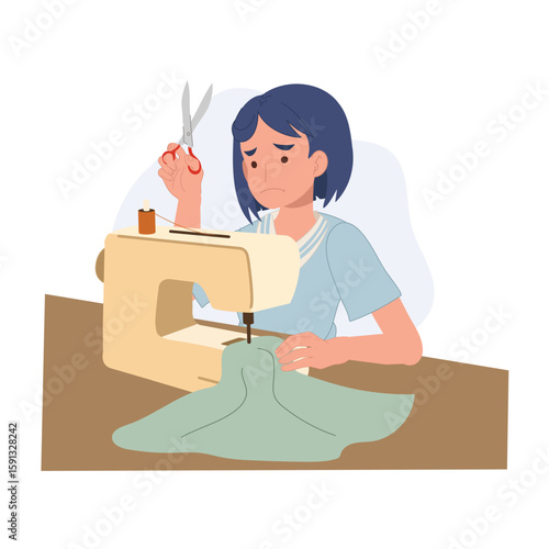 beginner woman sewing with machine looking confused.