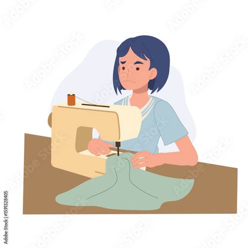 beginner woman sewing with machine looking confused.