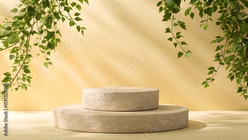 Tiered stone podiums with hanging green leaves and dappled sunlight