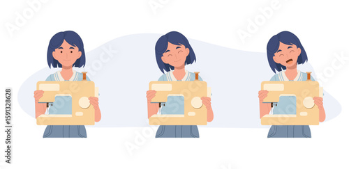 set of girl with sewing machine. flat vector illustration of young crafter woman hobbyist holding tool