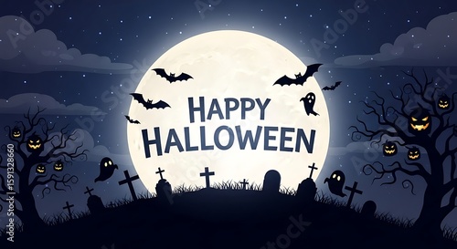 Spooky Halloween Night Full Moon, Bats, and Ghosts in a Festive Celebration