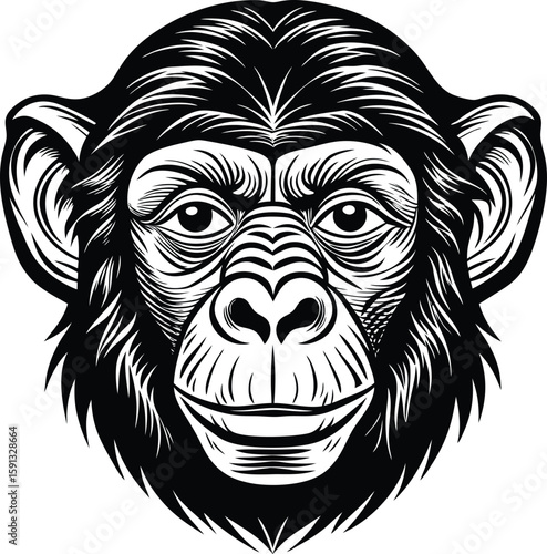 Black and white illustration of a chimpanzee face with detailed fur and expressive eyes primate animal