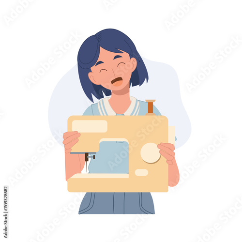 A young cartoon girl holds a sewing machine with a smile. perfect for depicting hobbies, fashion design, or small sewing businesses at home.