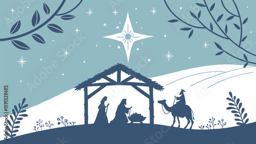 Serene Nativity Scene:  Silhouette Illustration, Peaceful Night Sky, Star of Bethlehem, Wise Men, Shepherds, and Holy Family in a Minimalist Style.