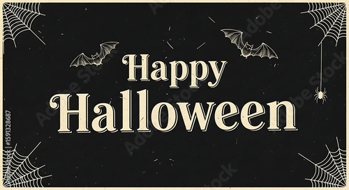 Spooky Greetings Happy Halloween Banner with Bats and Cobwebs for a Festive Celebration