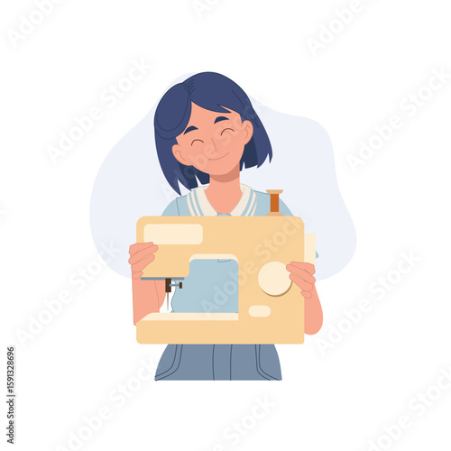 A young cartoon girl holds a sewing machine with a smile. perfect for depicting hobbies, fashion design, or small sewing businesses at home.