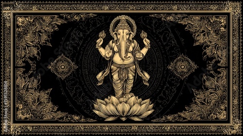 Elegant Golden Ganesha Illustration on Black Lotus Background