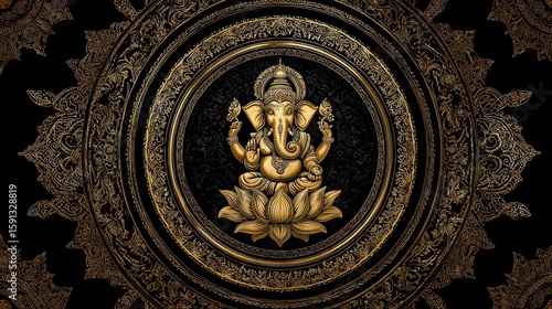 Golden Ganesh Artwork with Intricate Mandala Design Background