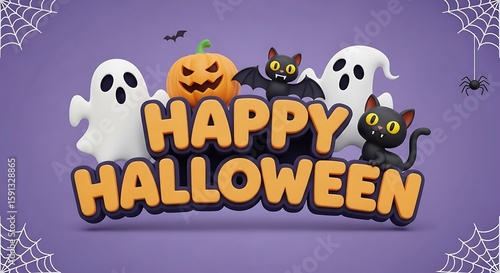 Happy Halloween Celebration Festive Ghosts, Pumpkin, Bat, and Black Cat on Purple Background