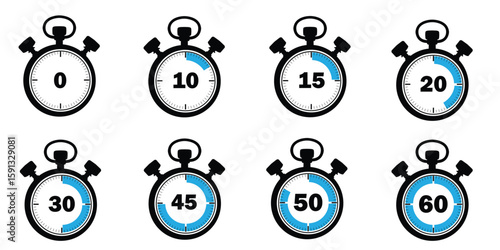 Stopwatch icons collection with different time intervals, stopwatch countdown from 0 to 60 seconds, blue and black stopwatch vector illustration, digital timer icon for productivity and fitness, flat 