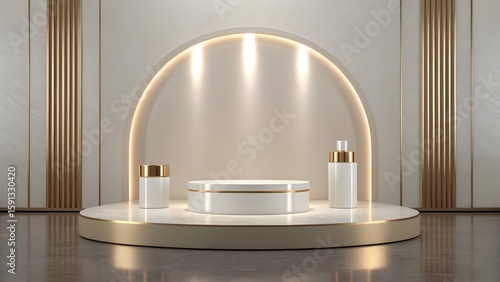 Minimalist cylindrical pedestals with natural wood tops on a bright background