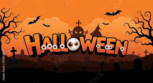 Halloween Night Illustration Spooky Eyes, Bats, and Graveyard Scene