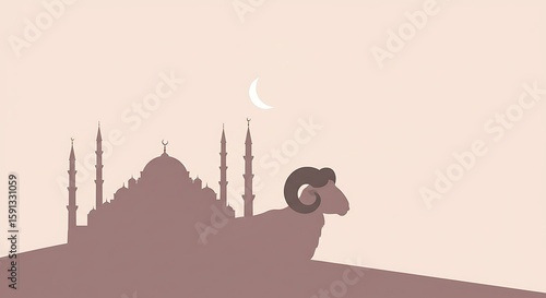 Eid al-Adha Celebration Silhouette of Mosque, Crescent Moon, and Symbolic Ram Design for Festive Greetings