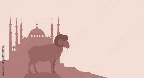 Eid al-Adha Illustration Celebrating Sacrifice with Ram and Mosque Silhouette against Light Background