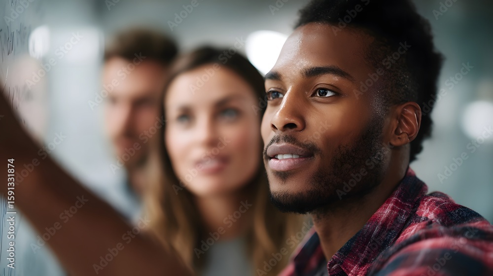 Obraz premium A diverse team brainstorms a marketing strategy around a whiteboard in a modern office long title A diverse group of professionals collaboratively