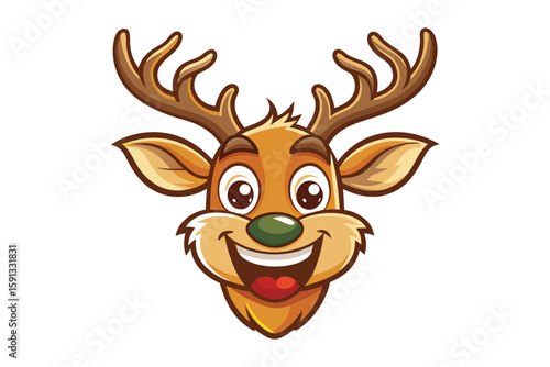 Cartoon reindeer with a green nose smiles cheerfully showing its teeth and red tongue