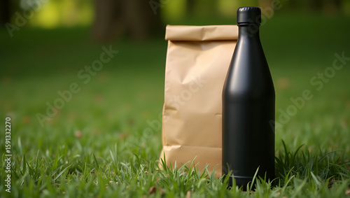 Black Bottle and Brown Paper Bag on Fresh Green Grass in Sunlit Park
