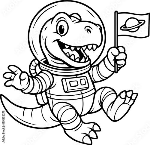 Astronaut T-Rex Dinosaur in Space Isolated Vector Coloring Page