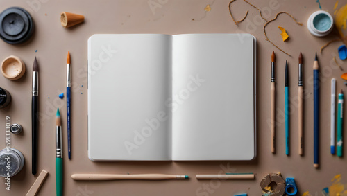 Top View of Open Sketchbook with Drawing Tools and Autumn Leaves on Blue Background