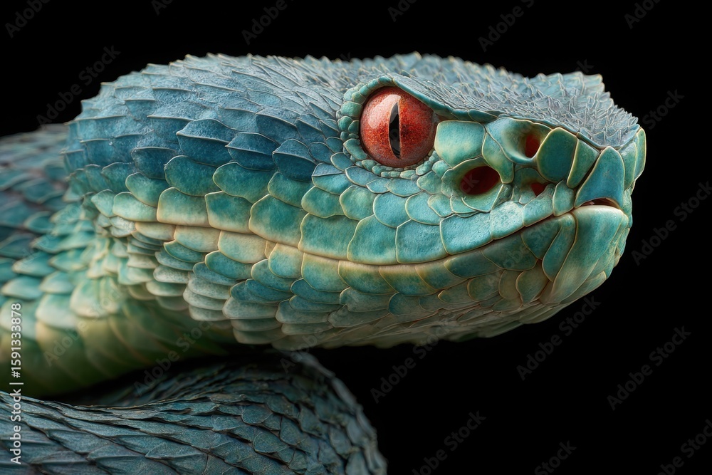 Fototapeta premium Close up macro shot of a vibrant blue pit viper snake with striking red eyes against a stark black background