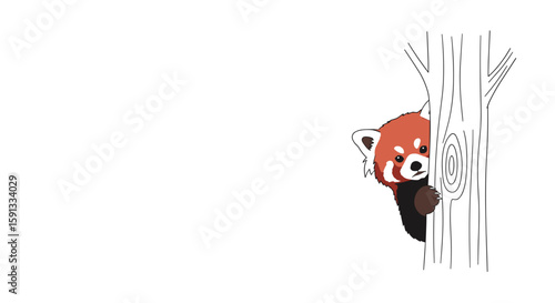 Red panda peeking from behind tree in cute minimalist illustration