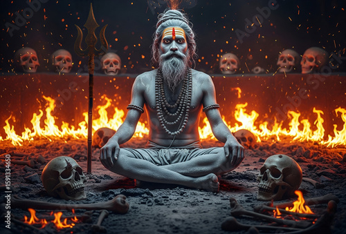 Aghori Sadhu Meditating Amidst Fire and Skulls – Ascetic Ritual Scene.
Dark and mystical digital artwork of an Aghori Sadhu seated in a deep meditative pose, surrounded by blazing fire, human skulls, 