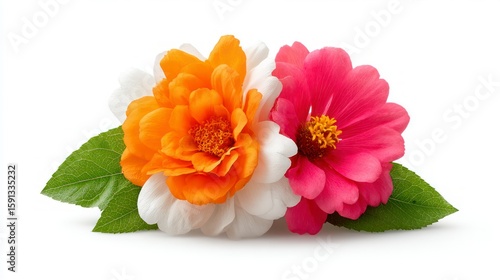 Vibrant pink and orange camellia flowers with green leaves on white botanical