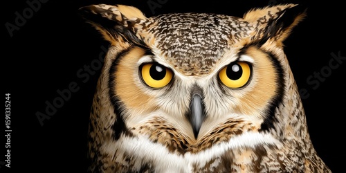 A close-up of a majestic owl with striking yellow eyes.