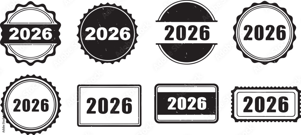 Obraz premium Black and white 2026 year seals and stamps collection, 2026, year, new year, celebration, seal, stamp, badge, emblem, label, sticker, graphic, design, icon, symbol, vintage, retro, grunge, textured, b