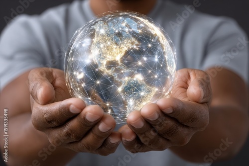 Hands holding a glowing digital globe with interconnected light lines representing global network and technology