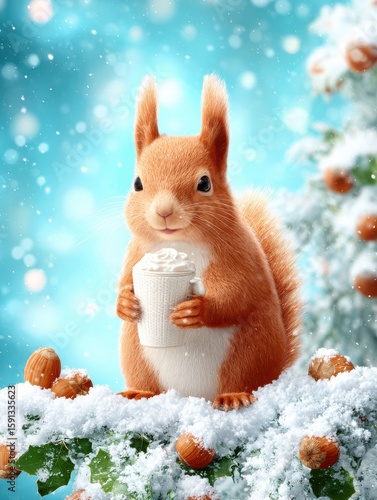 A cute squirrel holding a drink surrounded by snow and nuts.