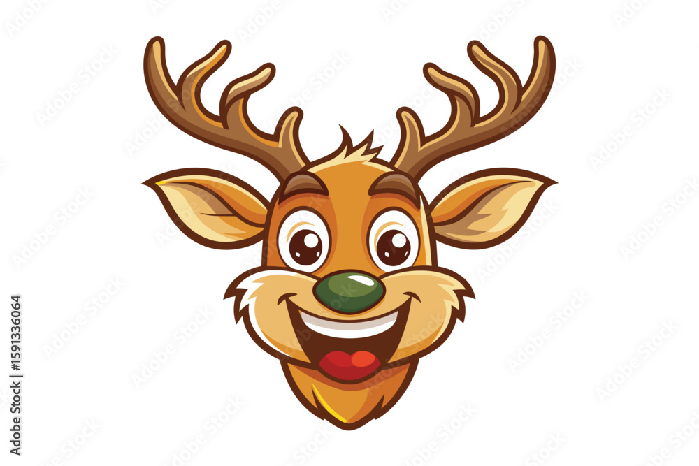 Adorable cartoon reindeer character smiles widely displaying bright eyes and large brown antlers prominently Adorable cartoon reindeer character smiles widely displaying bright eyes and large brown antlers prominently