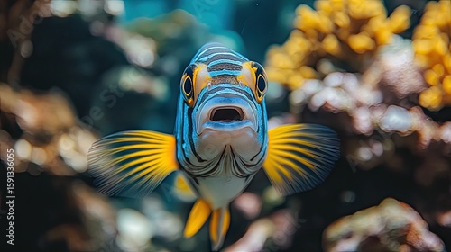 A fish with a surprised expression, against a vibrant coral reef backdrop in clear, focused detail