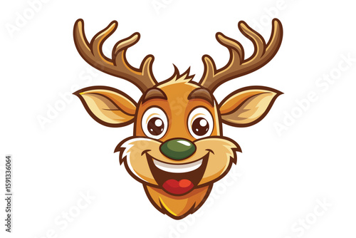 Adorable cartoon reindeer character smiles widely displaying bright eyes and large brown antlers prominently