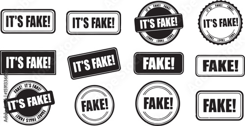 Collection of black and white fake stamps and labels, fake, it's fake, stamp, label, seal, rubber stamp, grunge, graphic, design, text, typography, message, warning, alert, notification, rejection, de