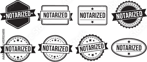 Collection of eight black and white notarized stamps and seals, notarized, stamp, seal, official, document, legal, certification, verified, approved, authentic, signature, notary, public, government, 
