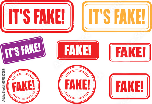 Collection of red yellow and purple fake stamps and signs, fake, not real, false, incorrect, deception, lie, counterfeit, imitation, fraud, hoax, sham, bogus, spurious, phony, fabricated, untrue, misl