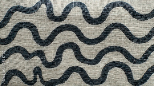 Bold Block Print of Wavy Lines on Light Beige Linen Fabric