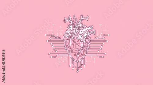 Minimalist Design Showcasing AI Core With Heart Circuit Lines on Pink