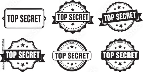 Collection of Six Black and White Top Secret Stamps, top secret, stamp, seal, badge, emblem, classified, confidential, secret, restricted, information, document, security, government, military, espion