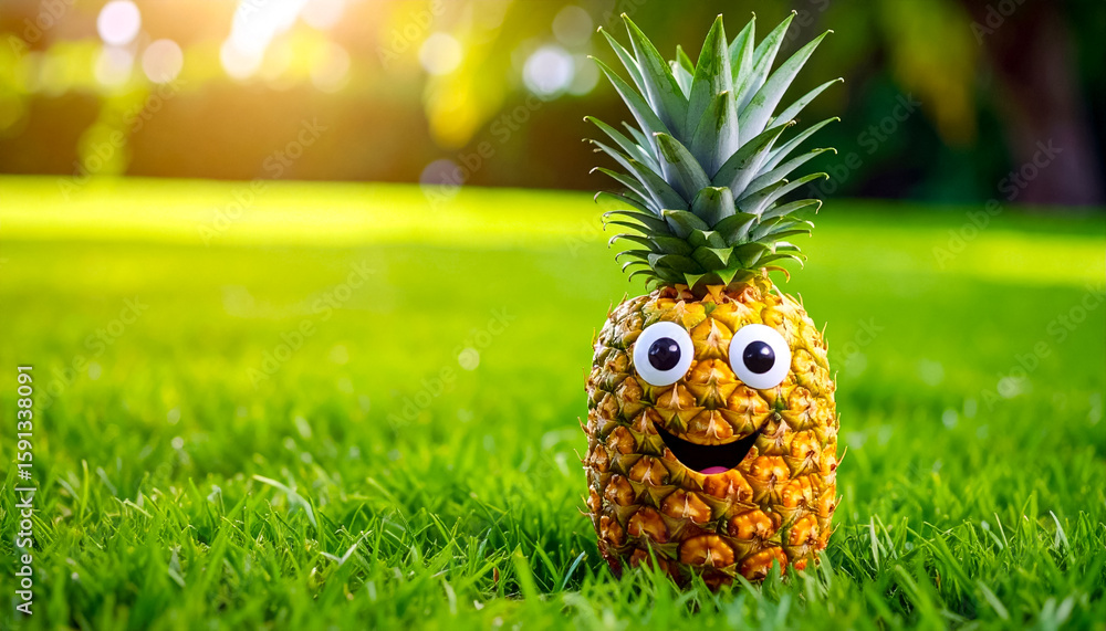 Obraz premium Fun and Healthy Garden - PINEAPPLE with big cheerful eyes and a smile against the background of a green lawn in the garden