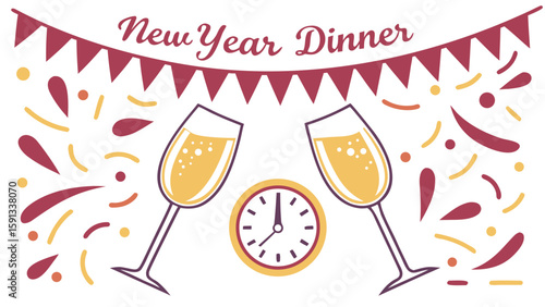 Elegant New Year's Eve Dinner Celebration:  Two Champagne Flutes Toast Midnight, Festive Confetti and Bunting Illustration, Minimalist Style, Joyful Mood.